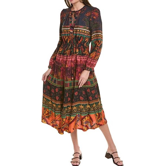 Farm Rio Mixed Patchwork Midi Dress Multicolor Long Sleeves Printed Size Medium - Picture 1 of 13